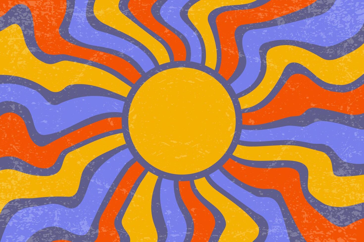 Sunrays retro background. Summer 70s poster. Abstract groovy design with grunge texture. Old paper banner with orange and purple spiral beams on dark backdrop. vector
