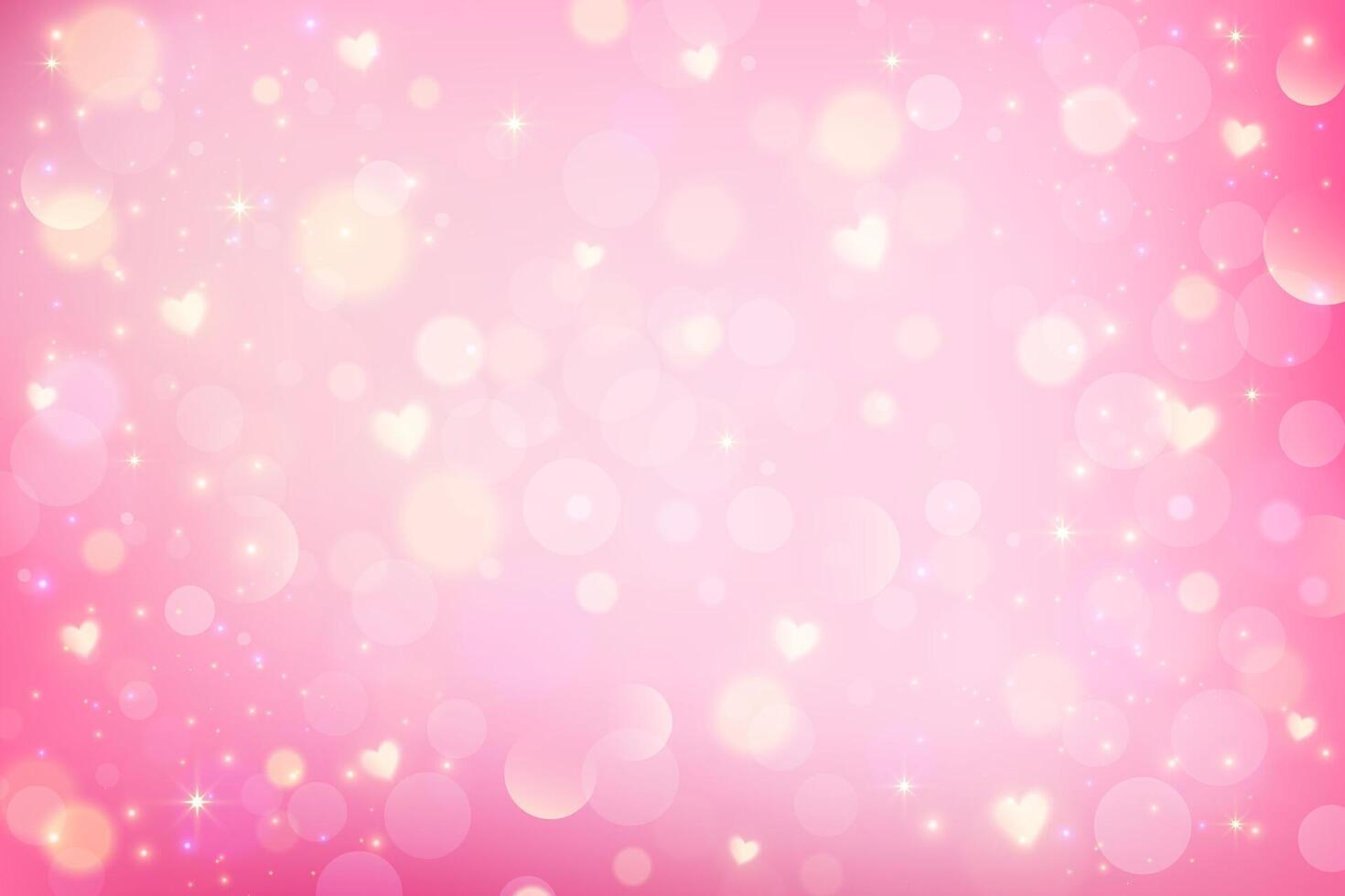 Pink background with bokeh and hearts. Cute pastel gradient girly blurred Valentine Day card design. Lovely dreamy wallpaper with soft fairy light. Lilac glittering backdrop vector