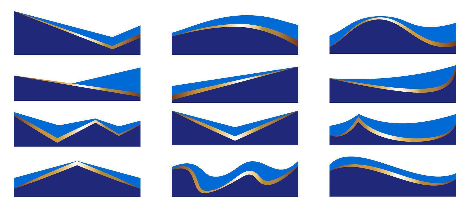 Border shapes for banner design. Blue header sections with golden lines. Abstract bottom background for web page. Curved divider templates. Wavy horizontal separator set vector