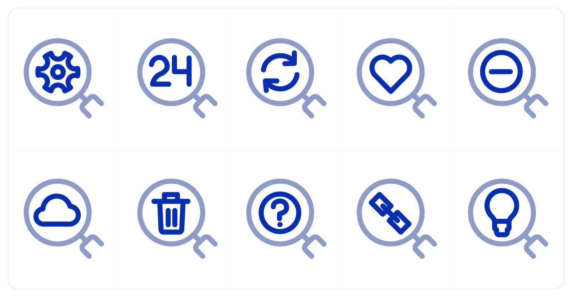 A set of 10 search icons as search settings, 24x7 search, refresh search vector