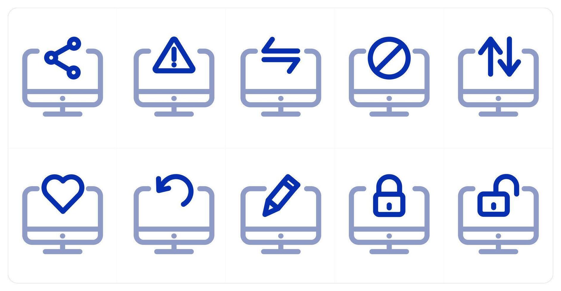 A set of 10 laptop icons as share laptop, alert laptop, laptop sync vector