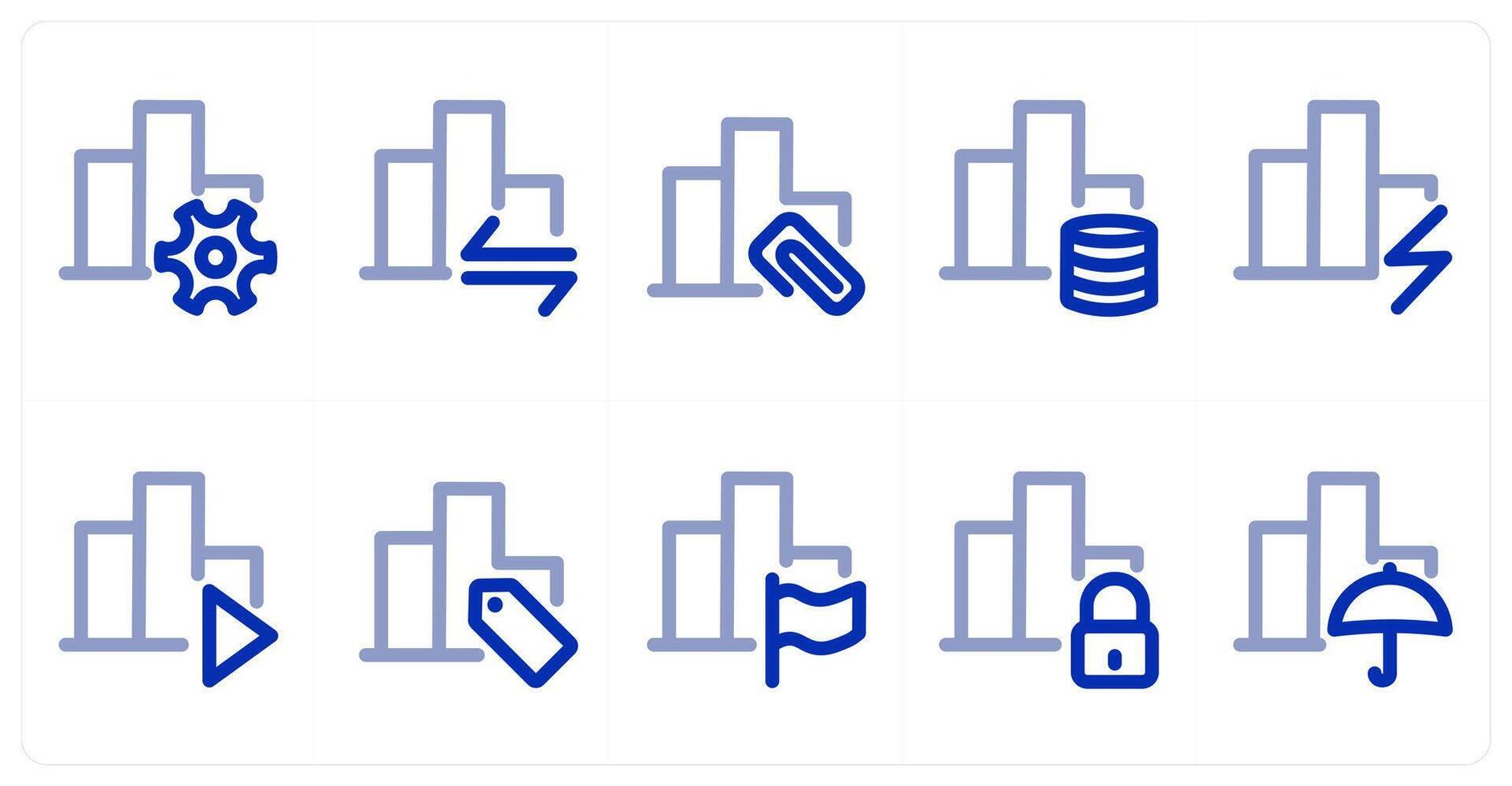 A set of 10 bar graph icons as graph setting, graph sync, graph link vector