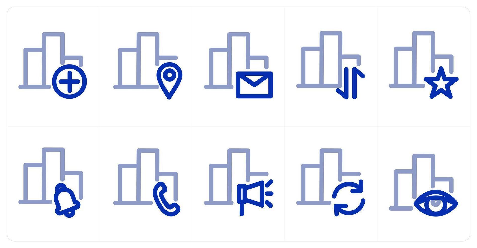 A set of 10 bar graph icons as add graph, graph location, message graph vector
