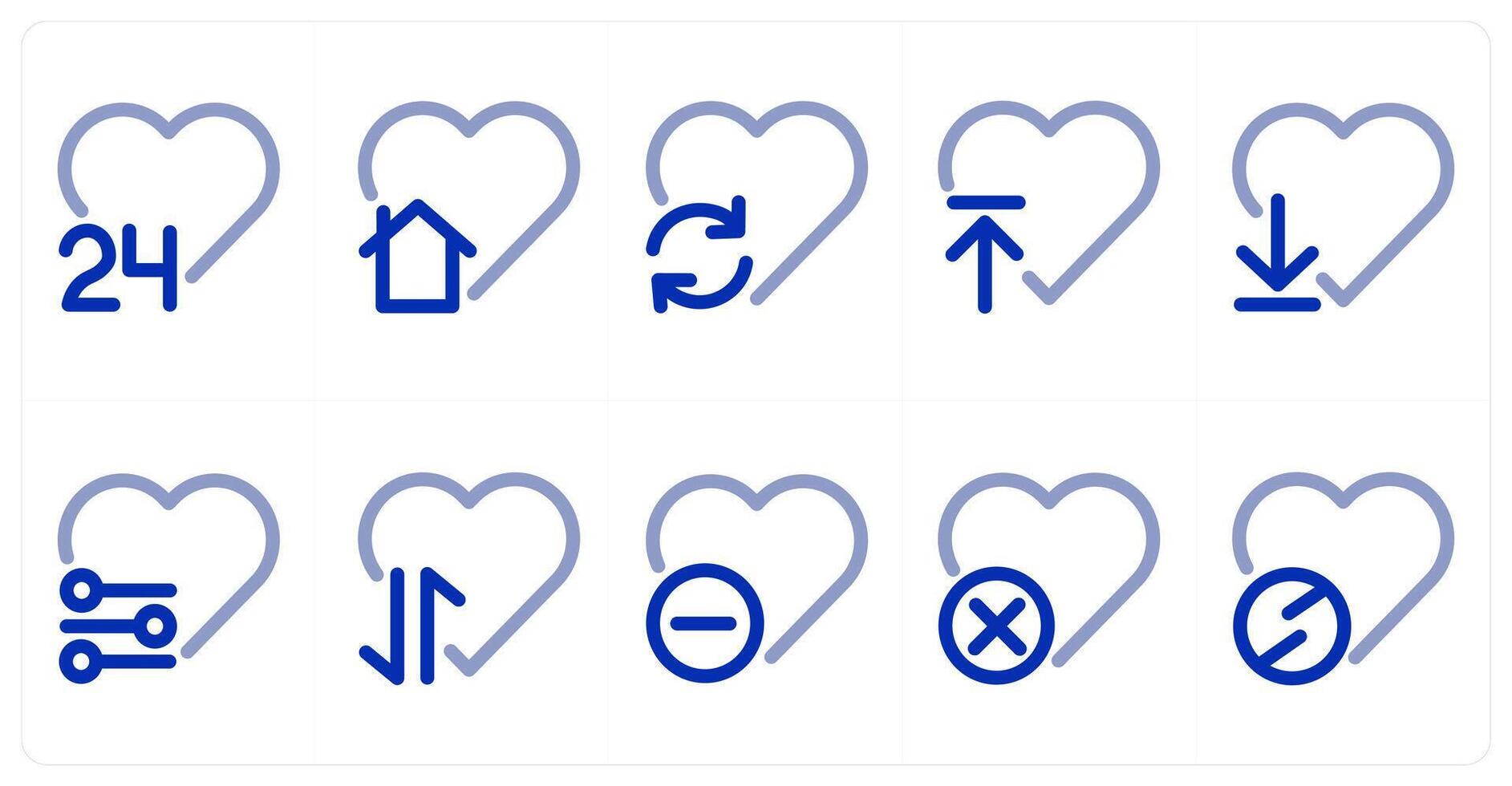 A set of 10 heart icons as 24x7 heart, heart home, heart refresh vector