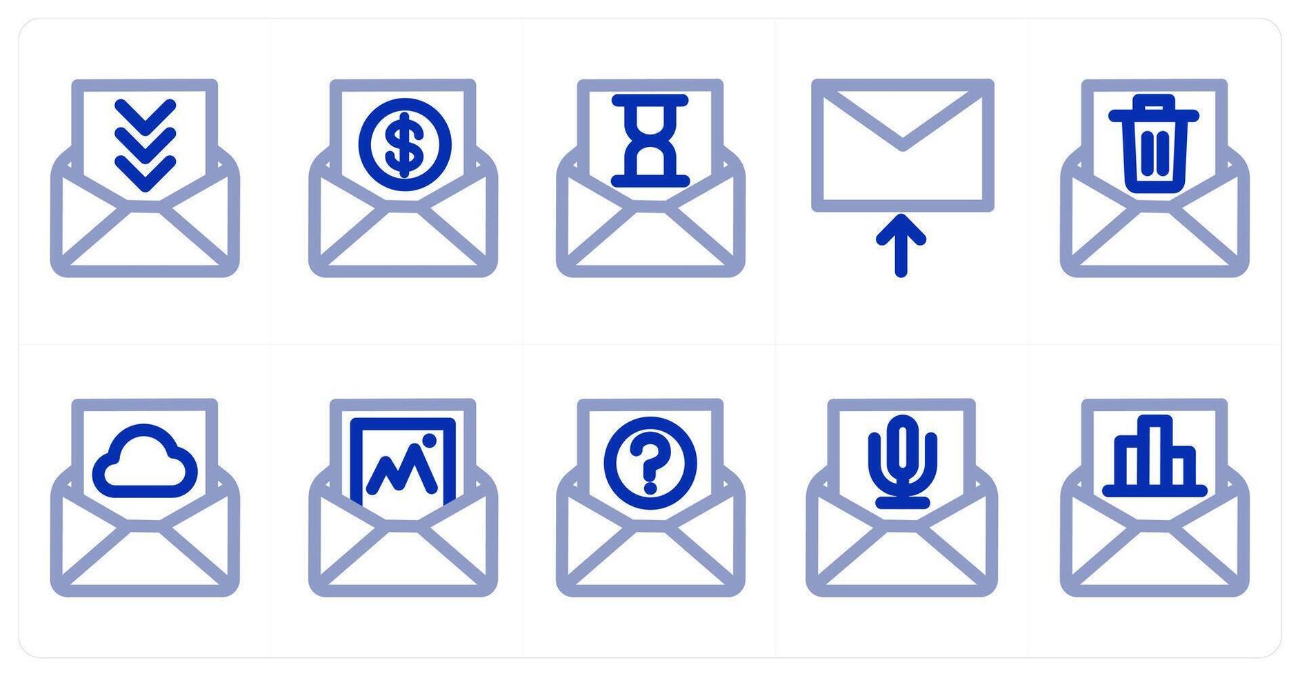 A set of 10 message icons as message, increment letter, message on time vector