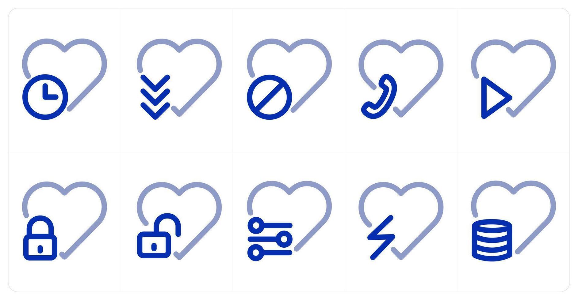 A set of 10 heart icons as heart time, heart, heart prohibited, heart call vector