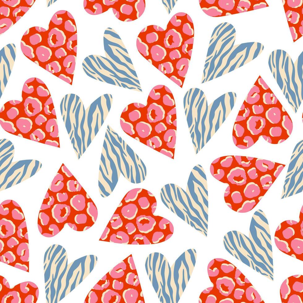 Seamless pattern with hearts with zebra and leopard print, cartoon flat illustration on white background. Groovy pattern. Concepts of love and Valentines day. vector
