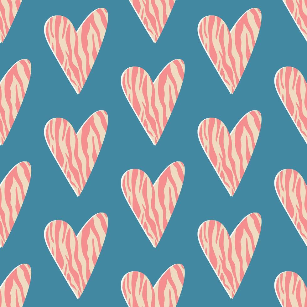 Seamless pattern with hearts and zebra print, cartoon flat illustration on blue background. Groovy pattern. Concepts of love and Valentines day. vector