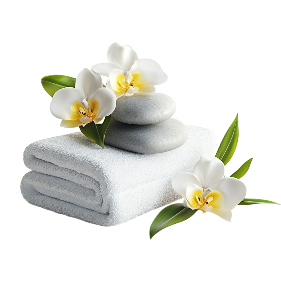 Spa Stones, Fresh Flower and Towel 3D Rendering Against transparent Background png