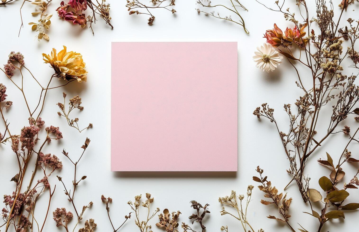 Elegant display of dried flowers surrounding a pink square canvas on a white background photo