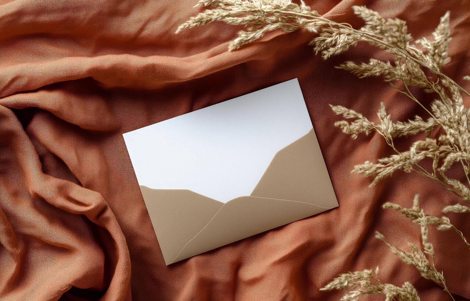 Elegant envelope on textured fabric with dried flowers accentuating the composition photo