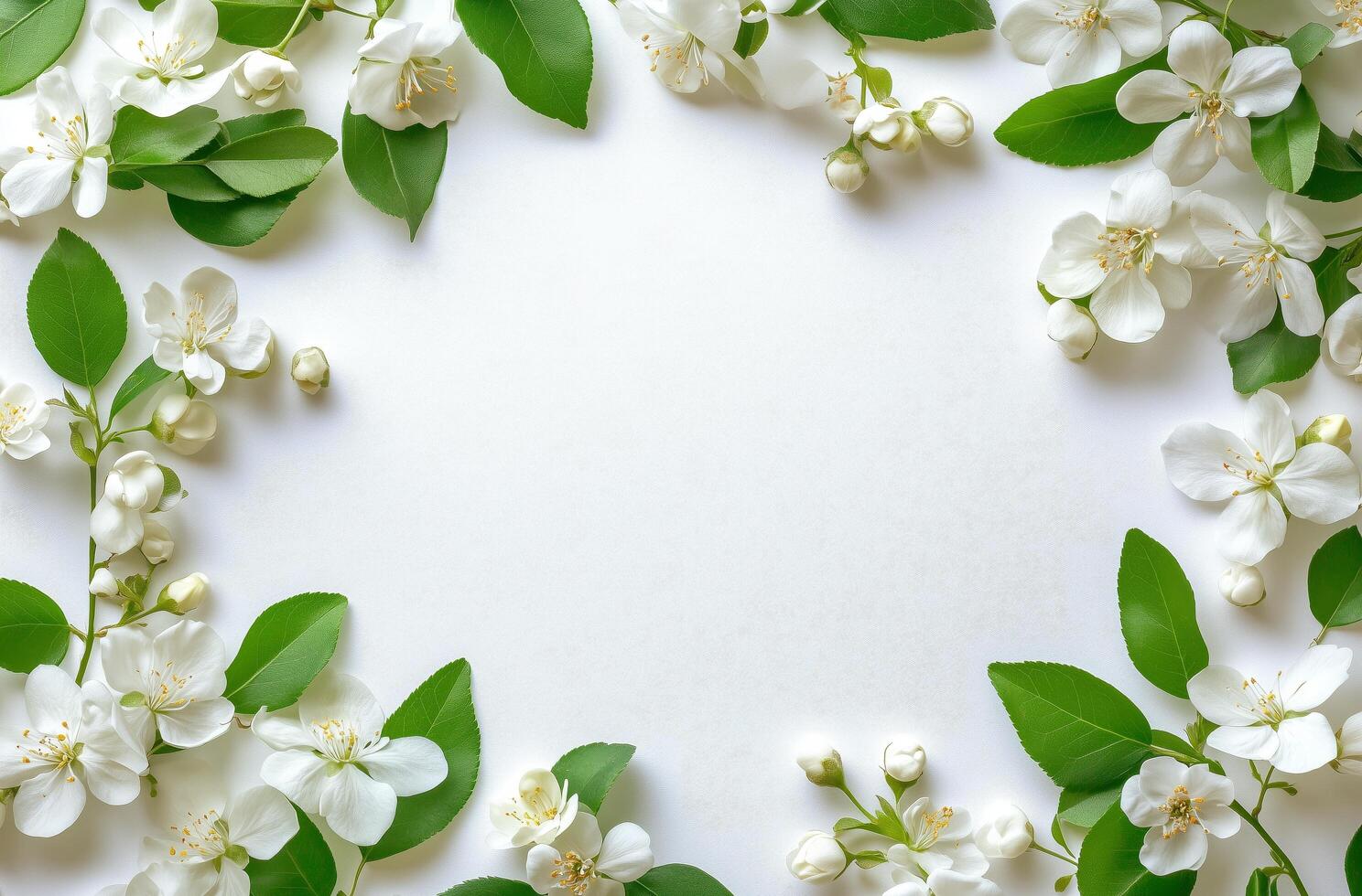 Beautiful white flowers and green leaves arranged on a light background for decoration or design purposes photo