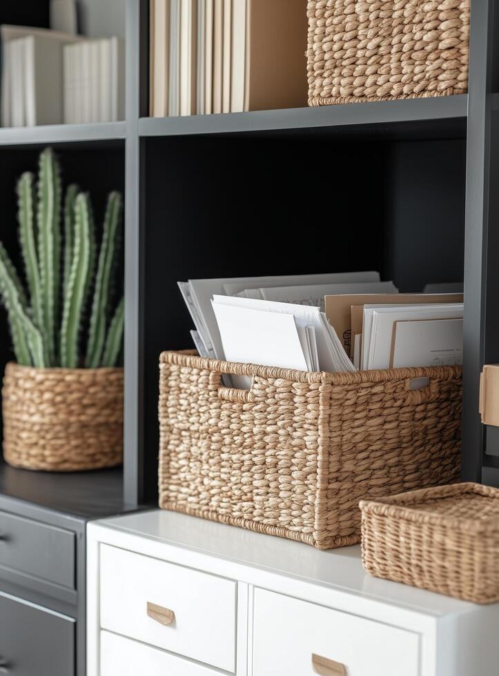 Organizing office supplies in a modern workspace with stylish baskets and greenery photo