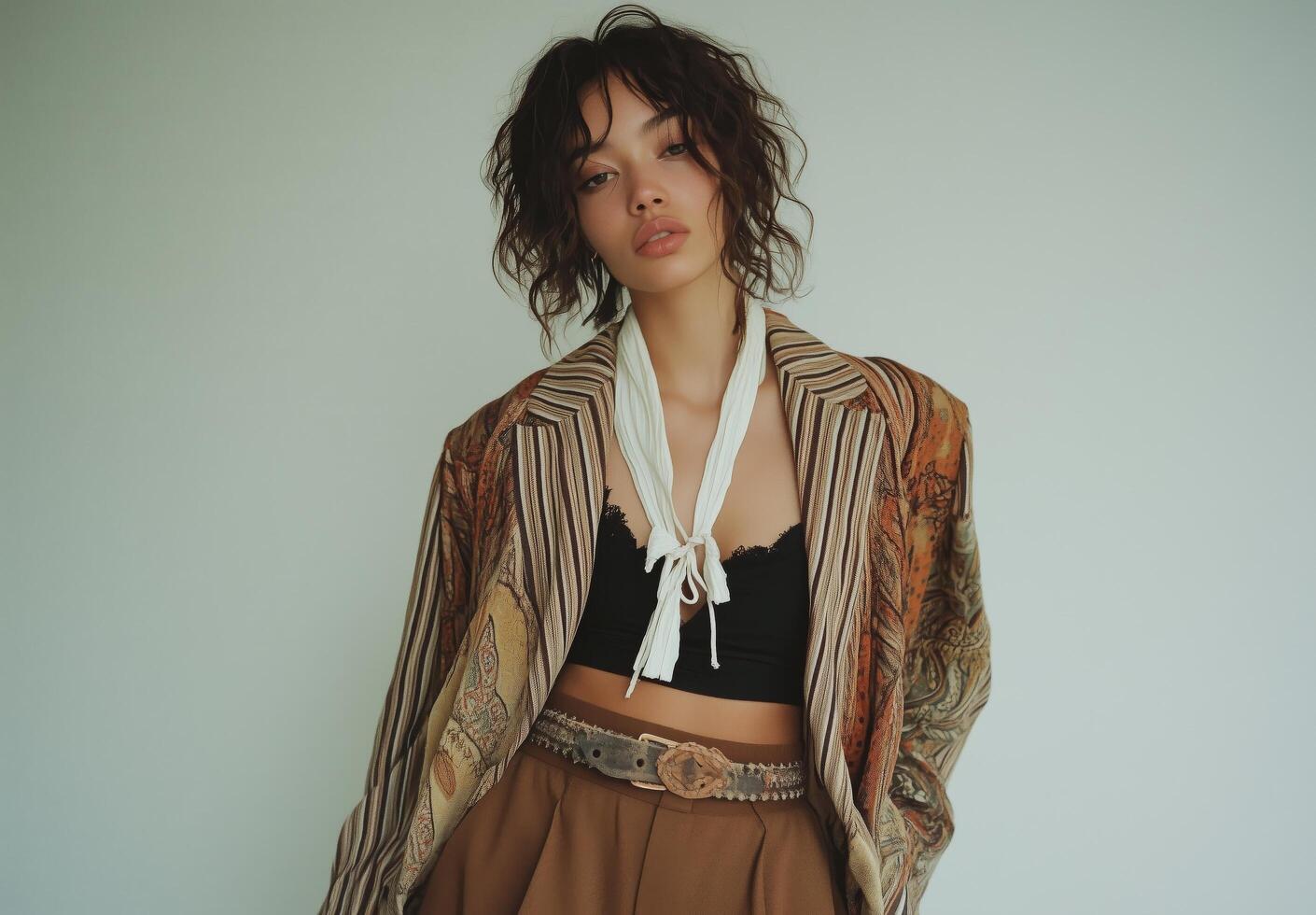 Stylish centerpiece showcasing a model in a unique outfit against a minimalist backdrop photo