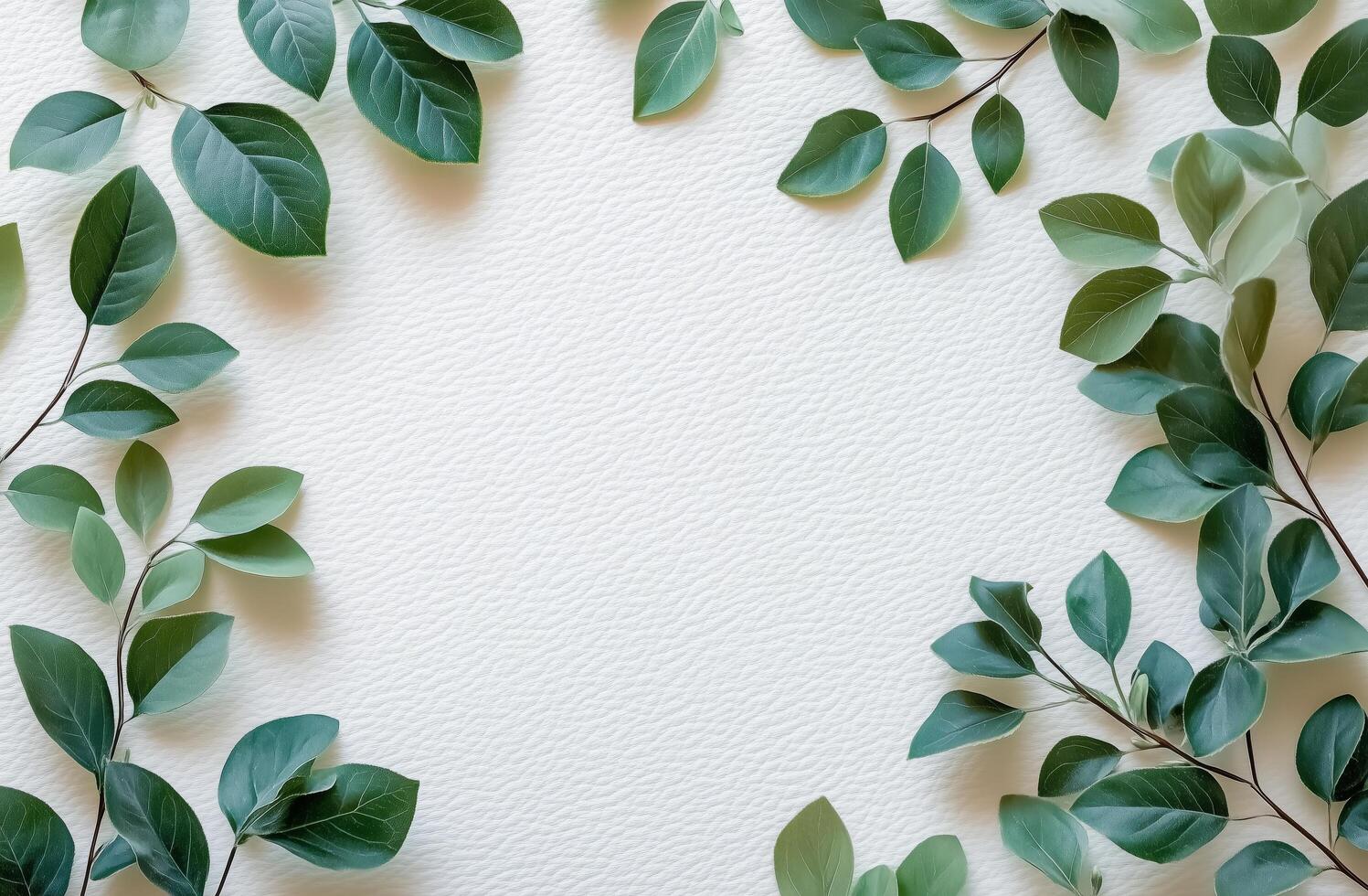 Green leaves arranged in a decorative border on a light textured background photo