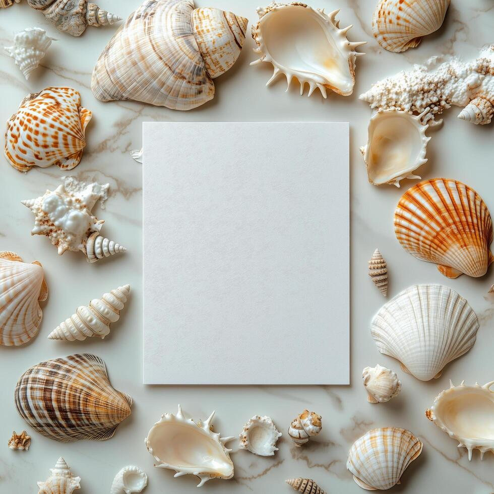 Creative workspace with blank paper surrounded by various seashells on marble surface photo