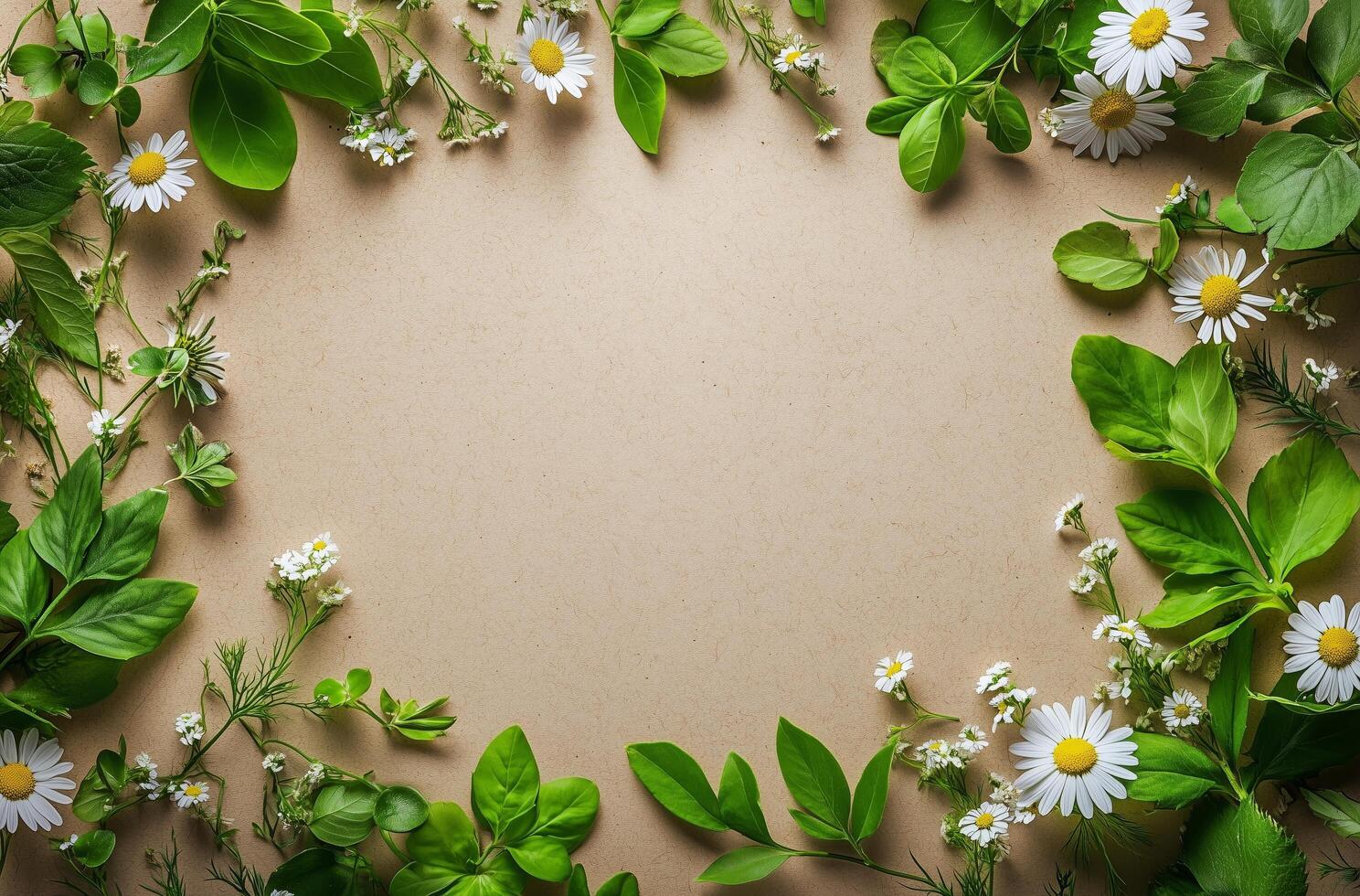 Natural frame of green leaves and white flowers arranged on a beige background for creative projects photo