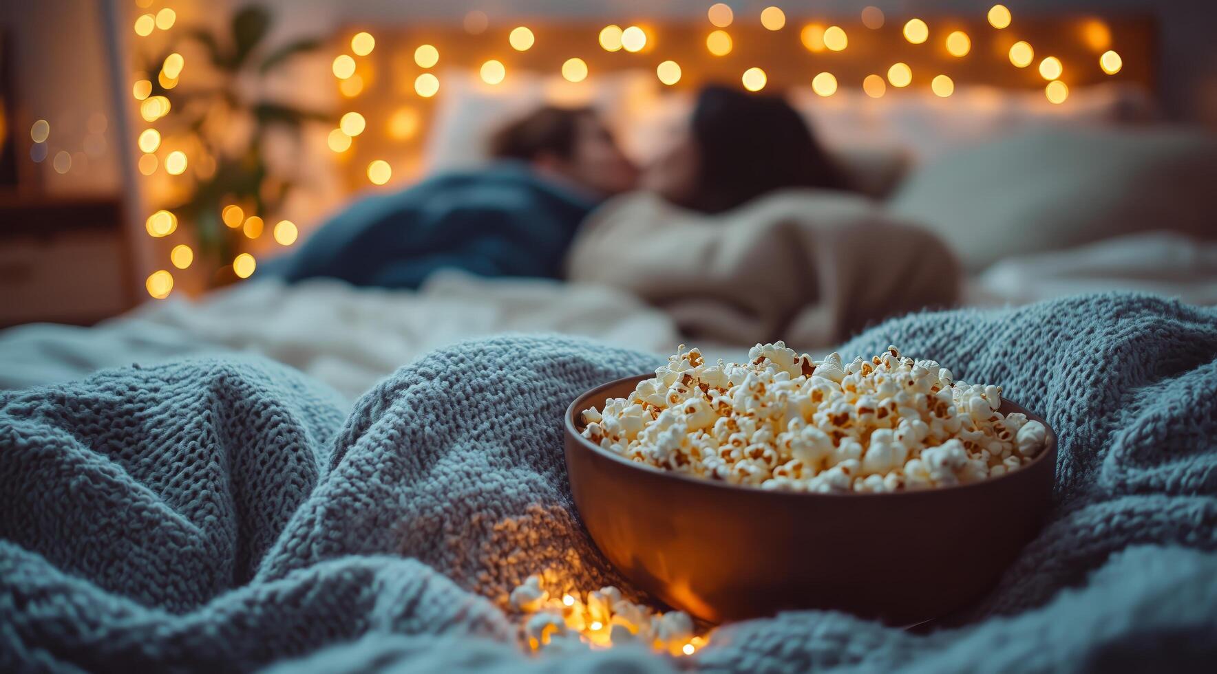 Cozy movie night at home with popcorn and twinkling lights in a warm atmosphere photo