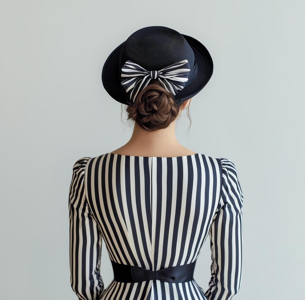 Elegant woman in a striped dress and wide-brimmed hat posing against a light background photo
