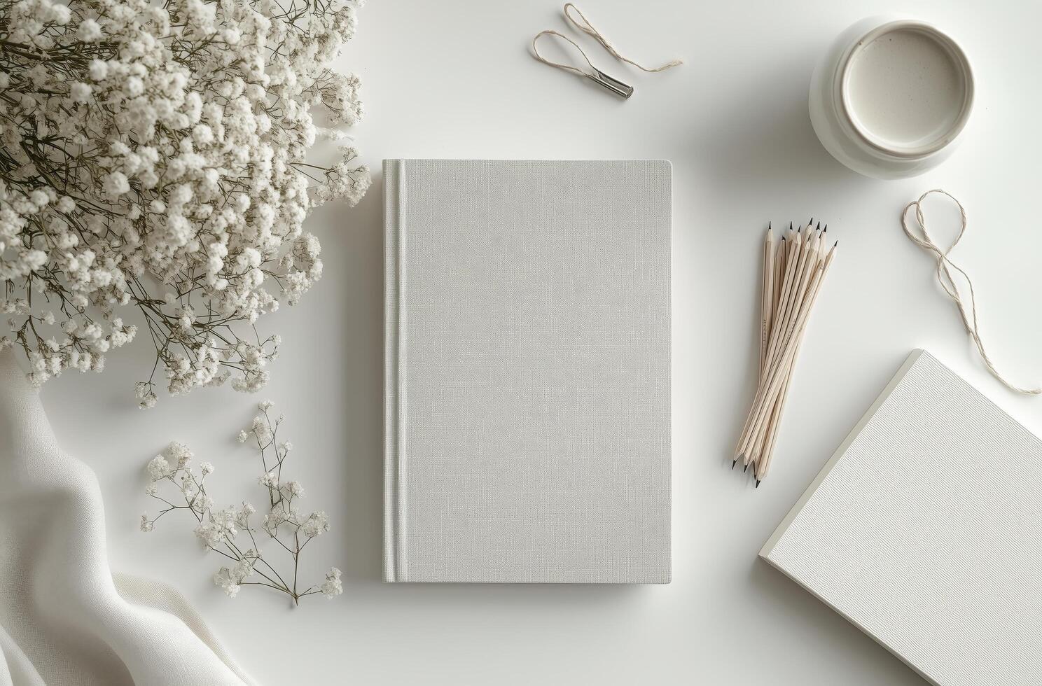 Minimalist workspace with a blank notebook and decorative flowers on a light background photo