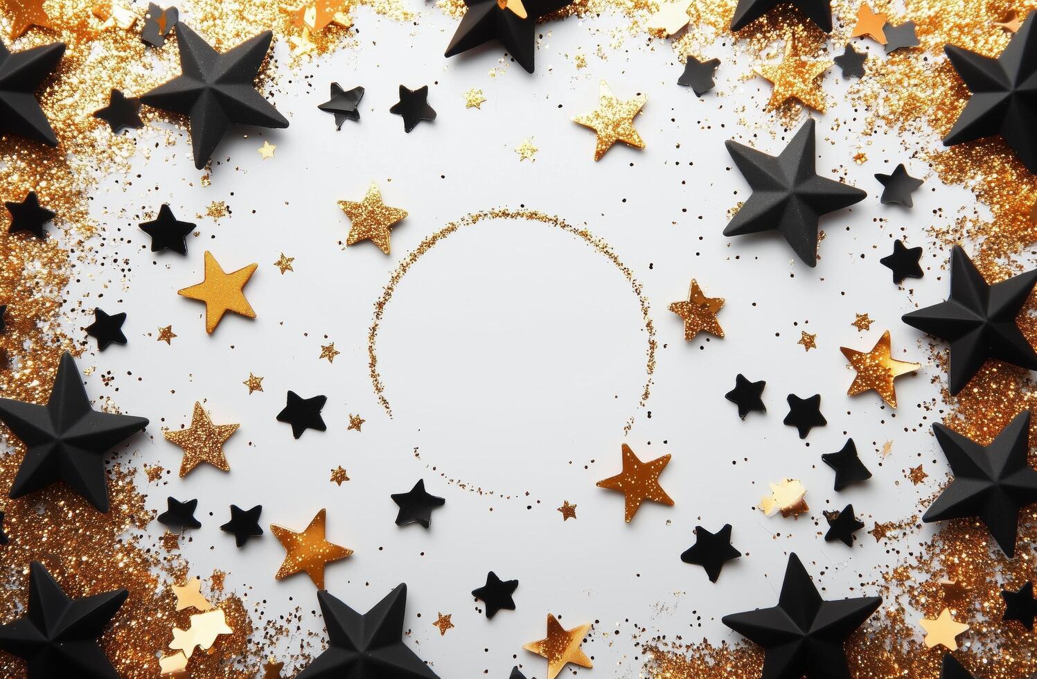 Decorative arrangement of gold and black stars on a white background for celebration or event photo