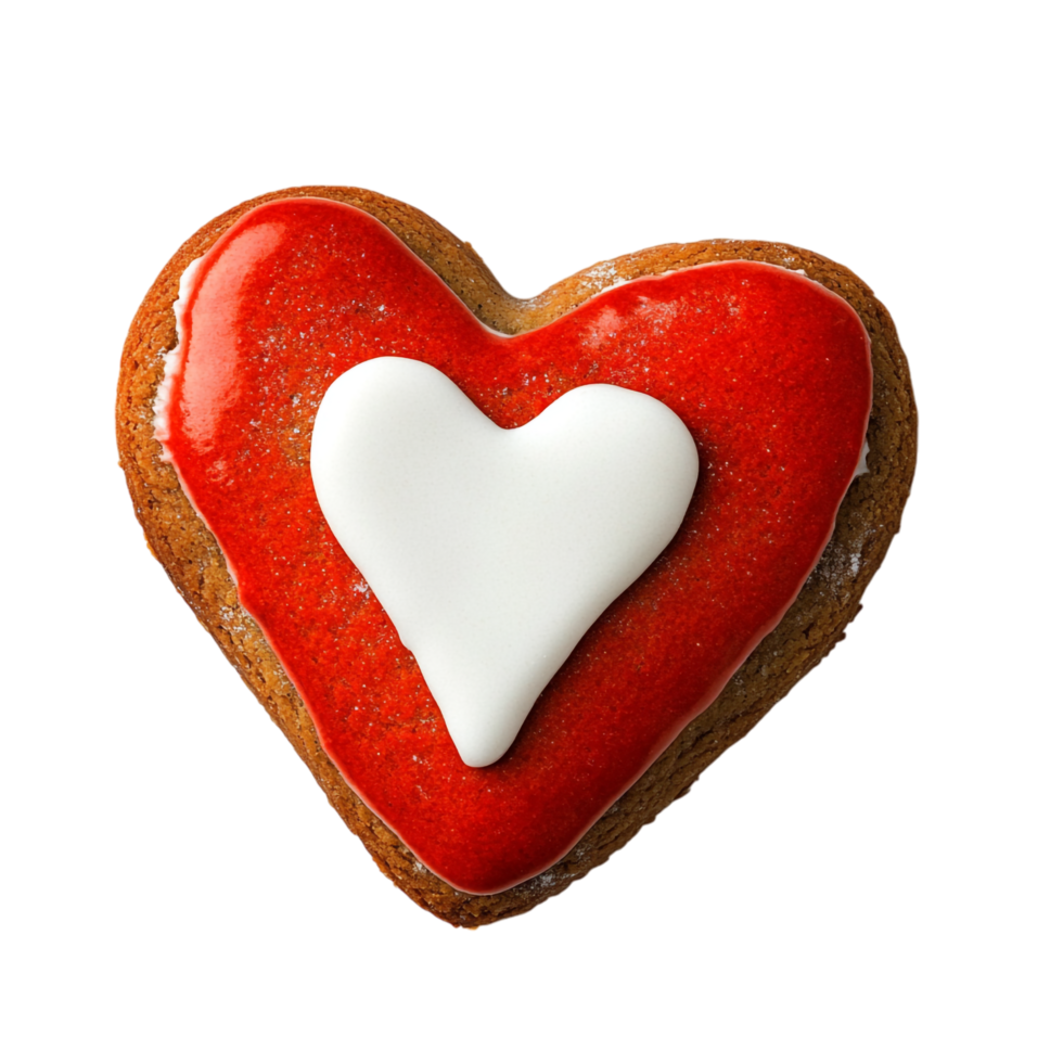 ein köstlich rot herzförmig Lebkuchen Plätzchen mit Weiß Glasur gegen transparent Hintergrund zum festlich Entwürfe, Valentinstag Tag Themen, oder Essen Abbildungen png