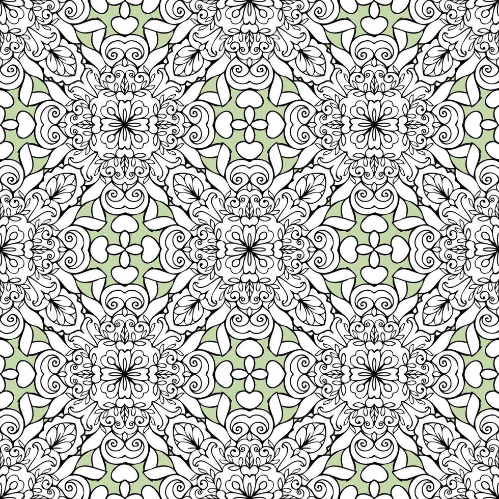 Indian ornamental seamless pattern design in mehendi style with black outline mandalas and light green background vector