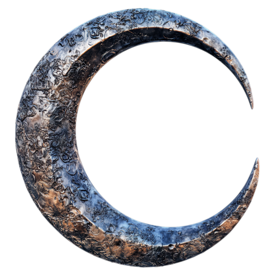 Crescent Moon, A Dark Textured Metallic Symbol Against Transparent Background for Mystical Themes, Nighttime Designs, or Artistic Branding png