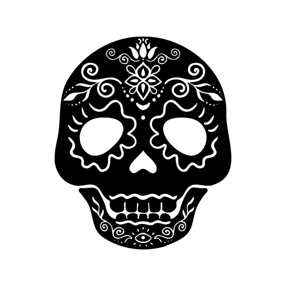 A black and white sugar skull with ornate designs vector