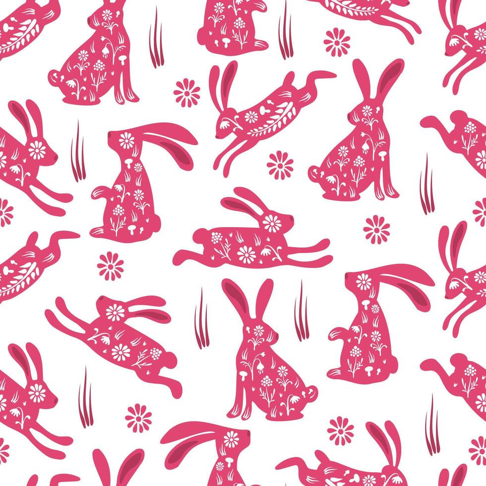 Red rabbits with floral ornamental design seamless pattern on white background vector
