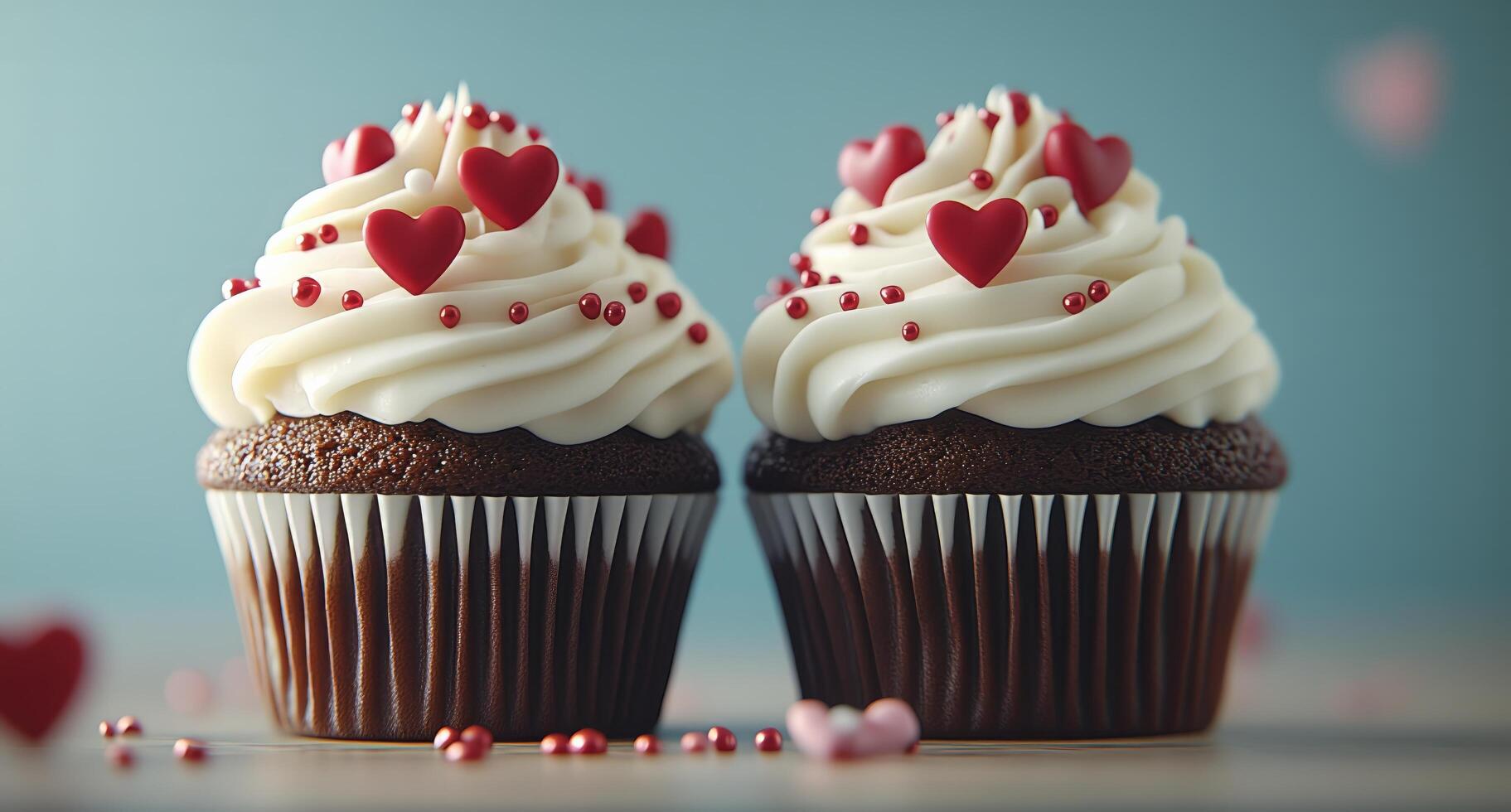 Delicious heart-themed cupcakes on a light blue background for festive celebrations photo