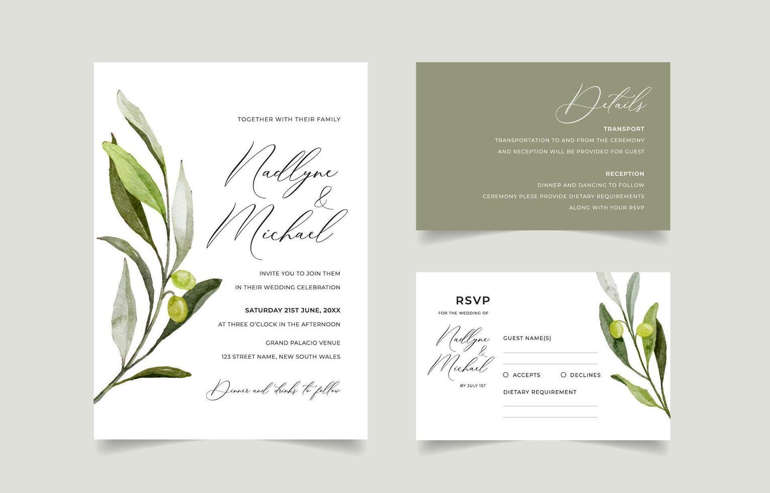 Olive Wedding Invitation Template, Delicate Greenery Weeding, Tuscany Wedding Invitation Printable Wedding Invite vector