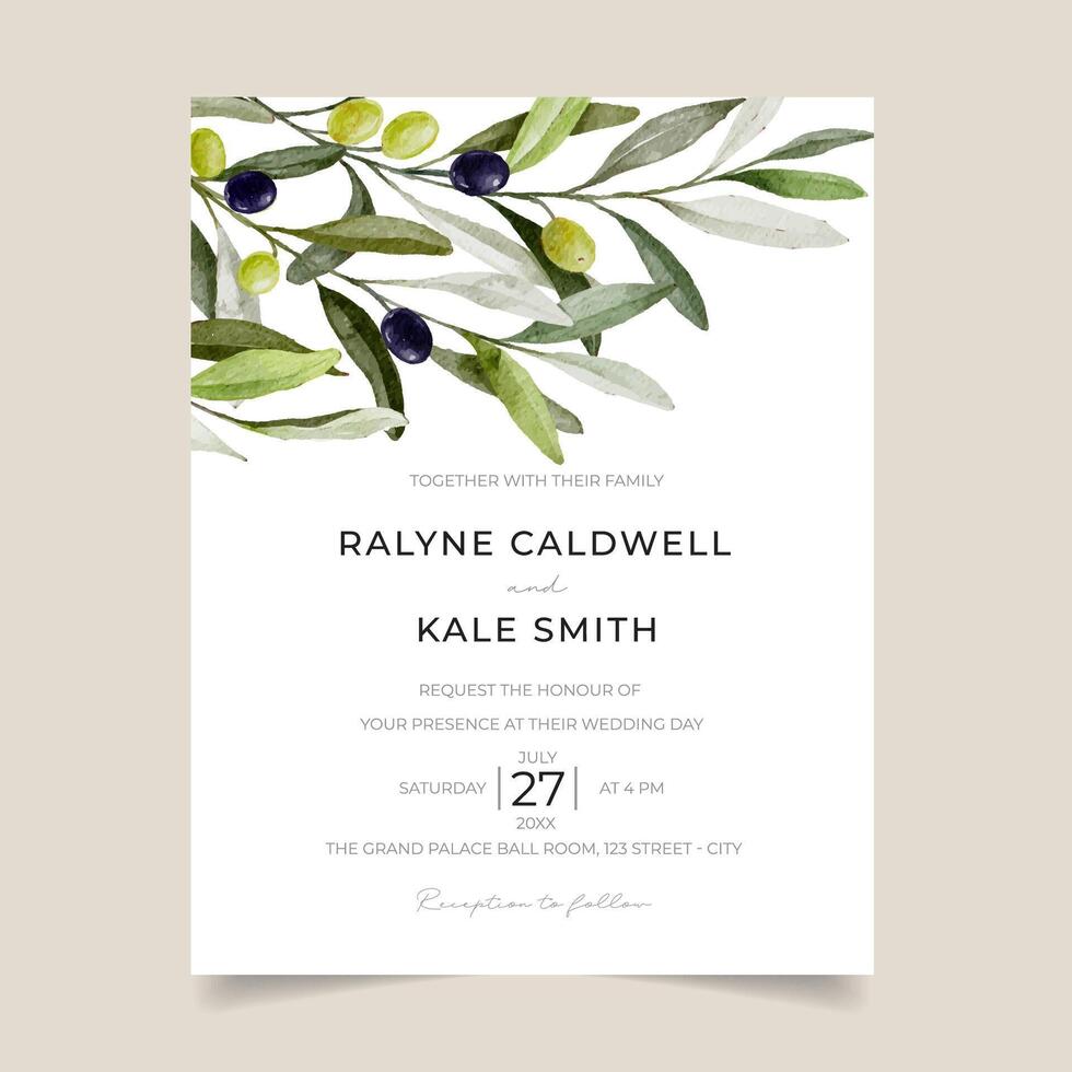 Greenery Olive Branch Wedding Invitation perfect for rustic Chic, Mediterranean, Green Wedding vector
