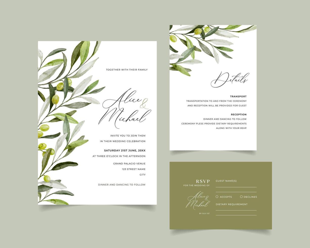 Olive Green Luxury Wedding Invitation, watercolor floral invite, modern card Design greenery olive branches vector