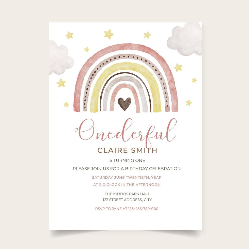 Boho Rainbow First Birthday Invitation, Onederful Invitation Design vector
