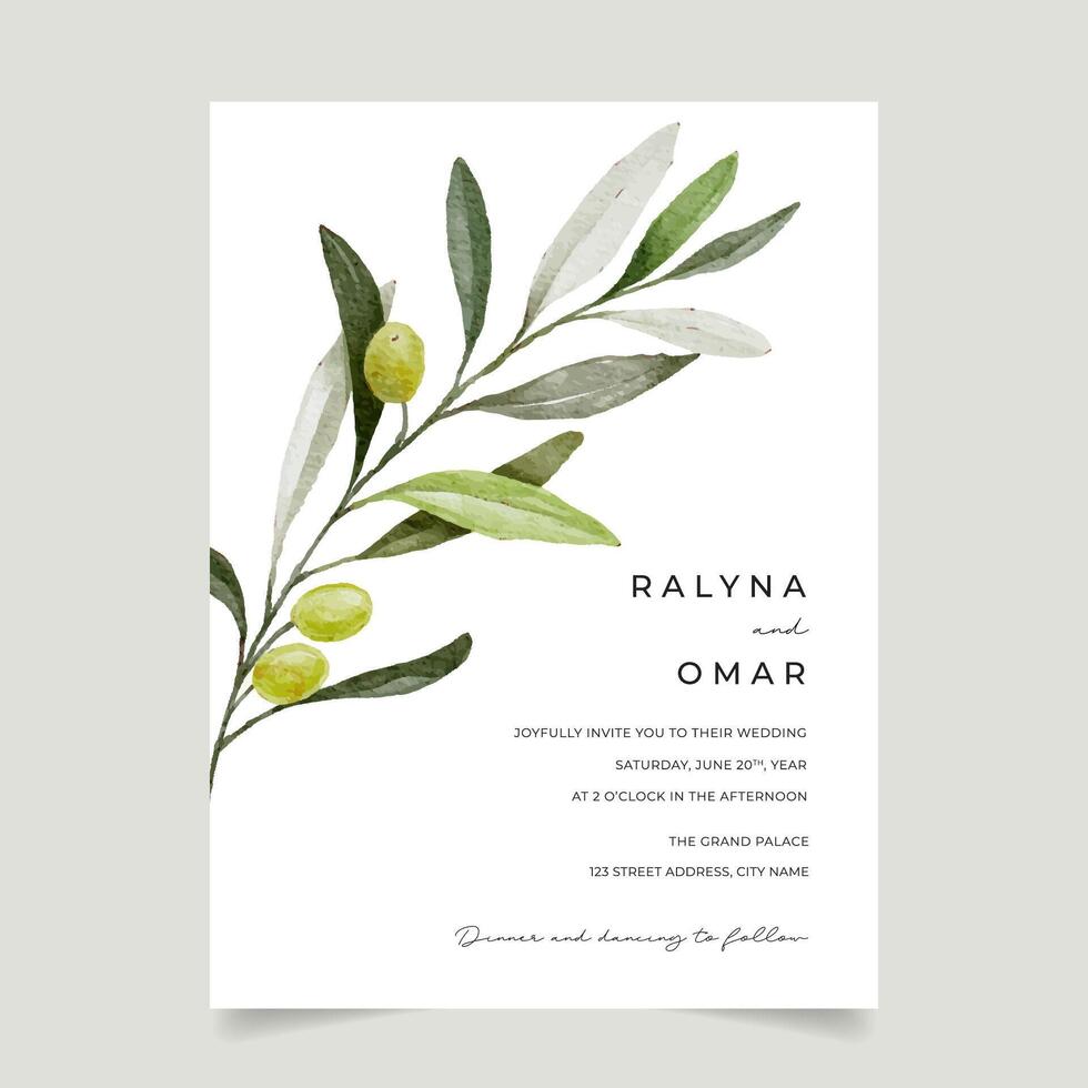 Minimalist Olive Branch Wedding Invitation Template, Greenery Wedding Invite vector