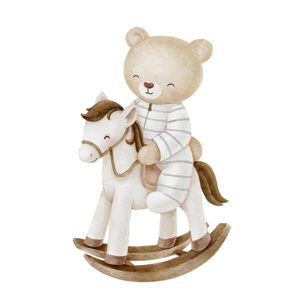 Cute Teddy Bear with Pajamas is Riding a Wooden Horse vector