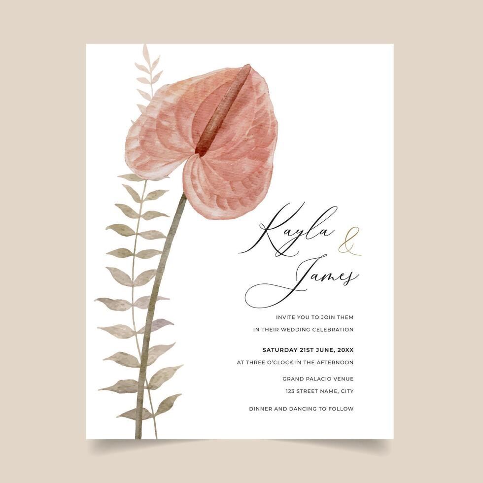 Pink anthurium wedding invitation design with watercolor style vector
