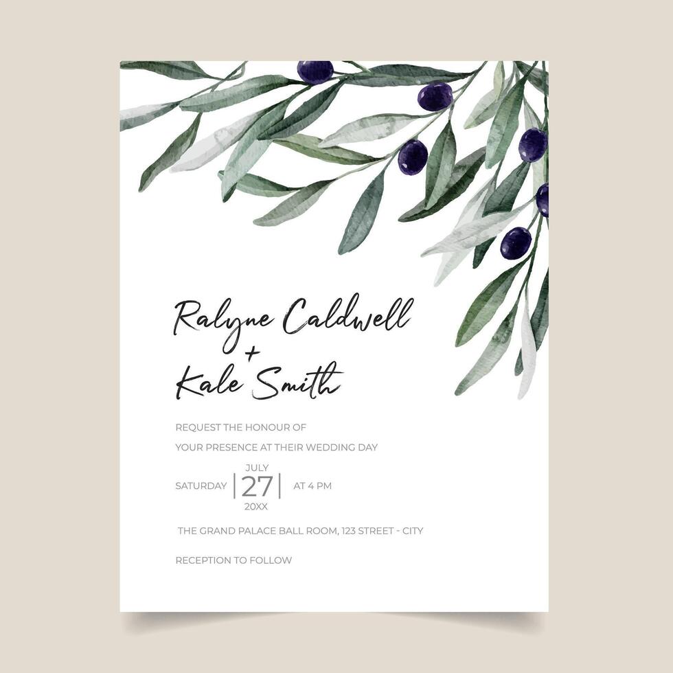 Olive Branch Boho Wedding Watercolor Foliage invitation Printable Editable Greenery Rustic Wedding vector