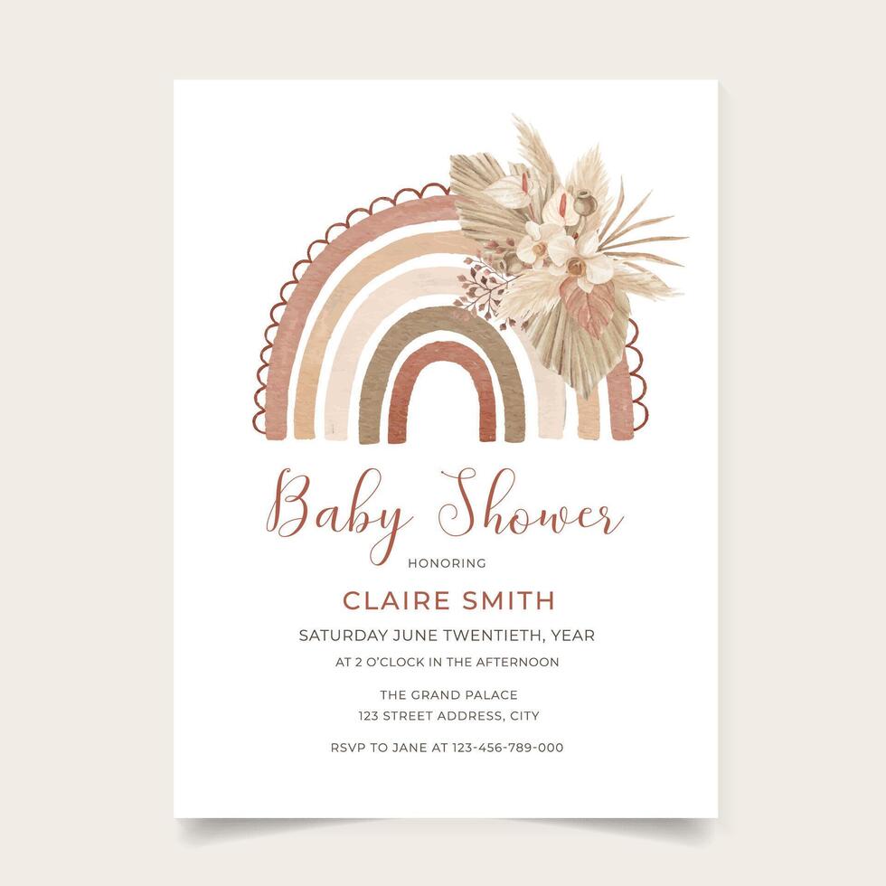 Boho Baby Shower Invitation Template with Dried Pampas, Palm Leaves and Flowers, Rainbow Baby Shower Invitation Design vector