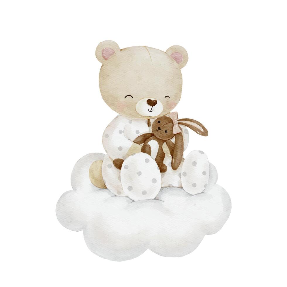Cute Little Bear with Little Bunny Plushie Sitting on the Cloud vector