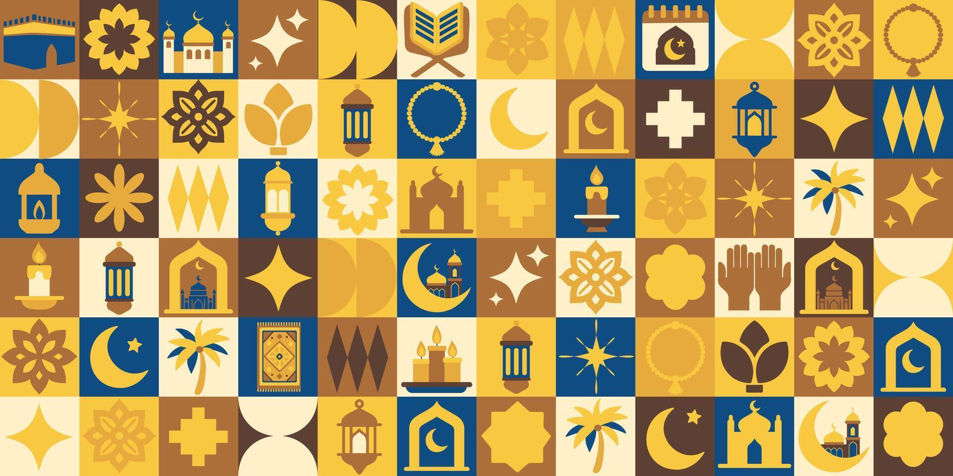 A colorful mosaic of Ramadan symbols and patterns, including a palm tree, a star, and a crescent moon vector