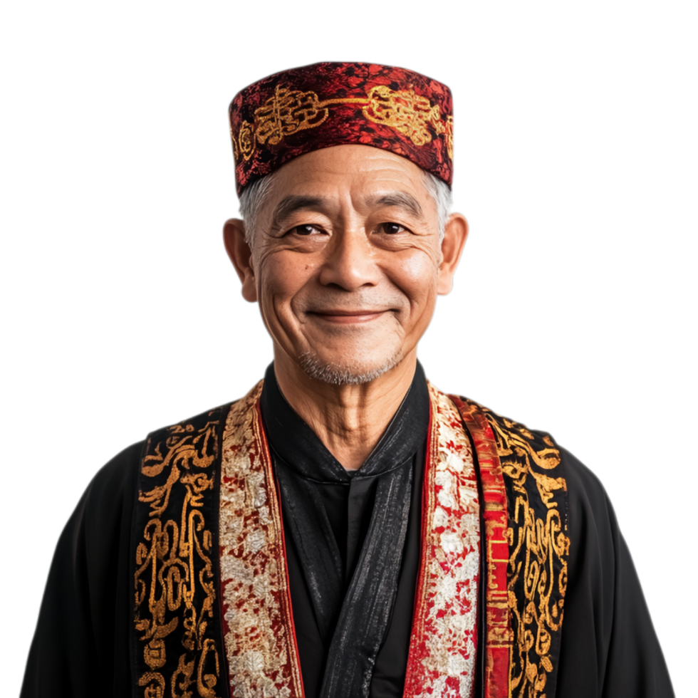 Elderly Asian Man in Traditional Attire with a Subtle Smile Against Transparent Background for Cultural Campaigns, Heritage Themes, or Storytelling Projects png