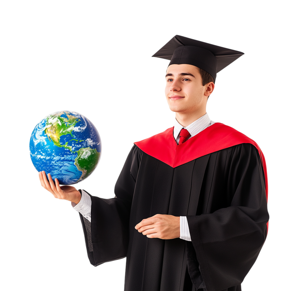 Student in Graduation Gown Holding an Earth Globe png