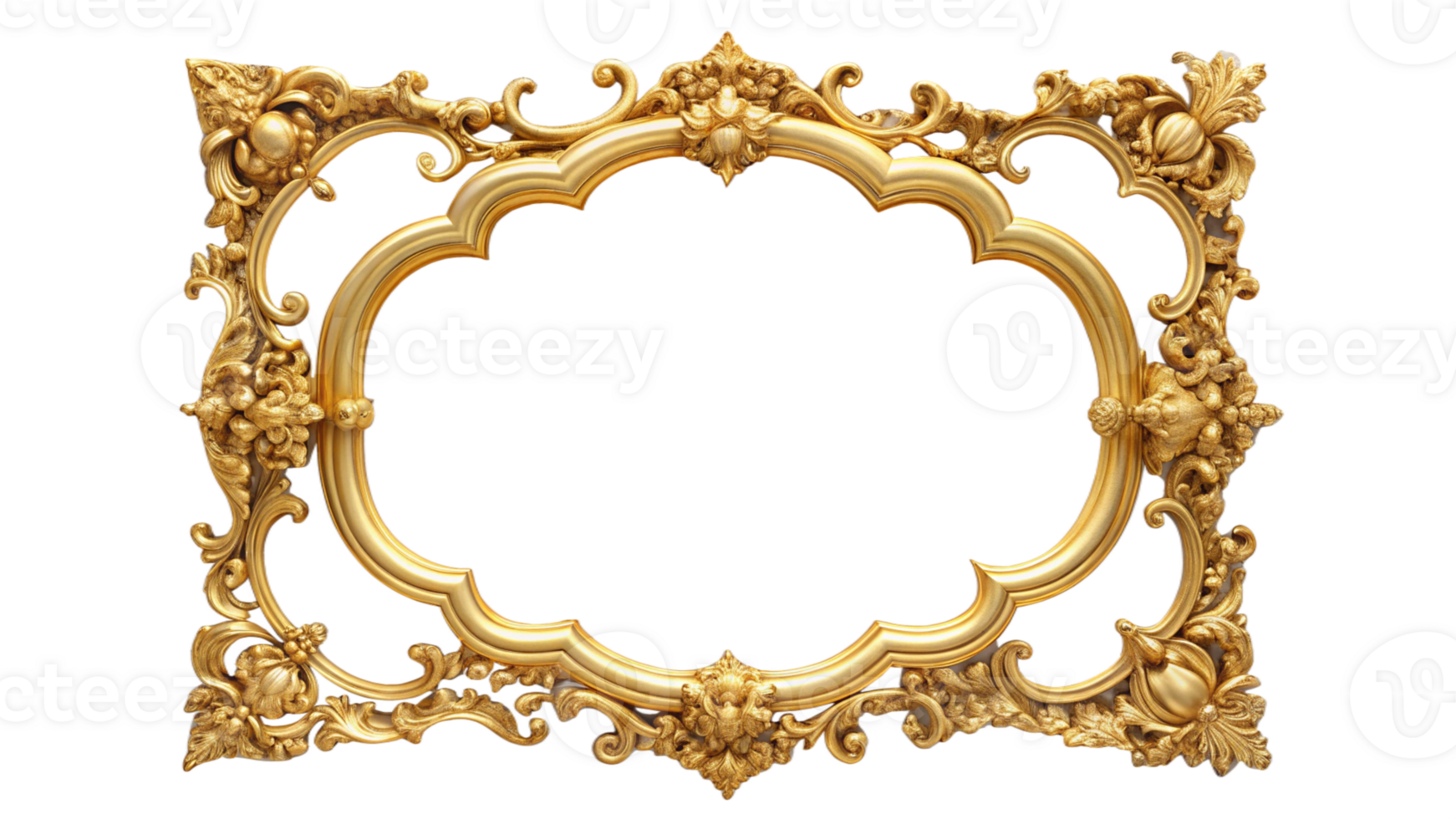 Beautifully Crafted Golden Frame with Decorative Swirls and Floral Patterns Ideal for Highlighting Favorite Artwork and Adding Opulence to Any Artistic Arrangement Quickly png