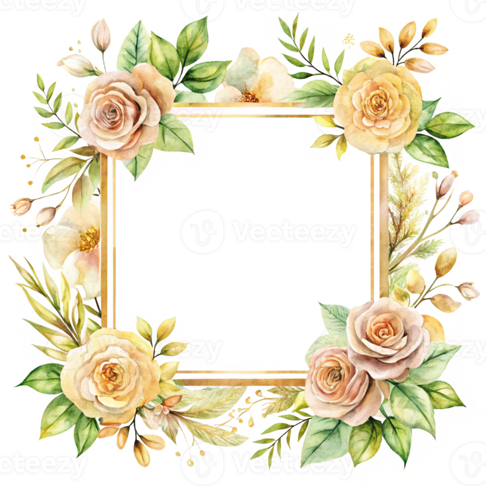 Beautiful Watercolor Floral Frame Featuring Soft Pink and Yellow Roses Ideal for Adding Charm and Elegance to Your Invitations or Home Decor Projects png