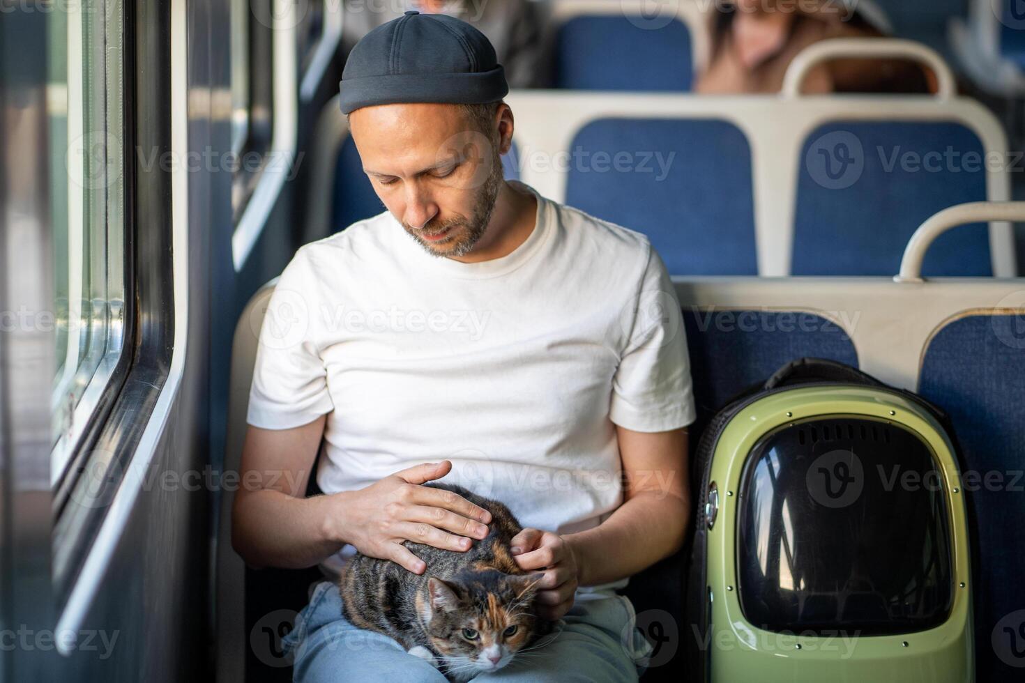 Cat owner traveling in electric train gentle touching pet lying on lap. Trip with domestic animals. photo