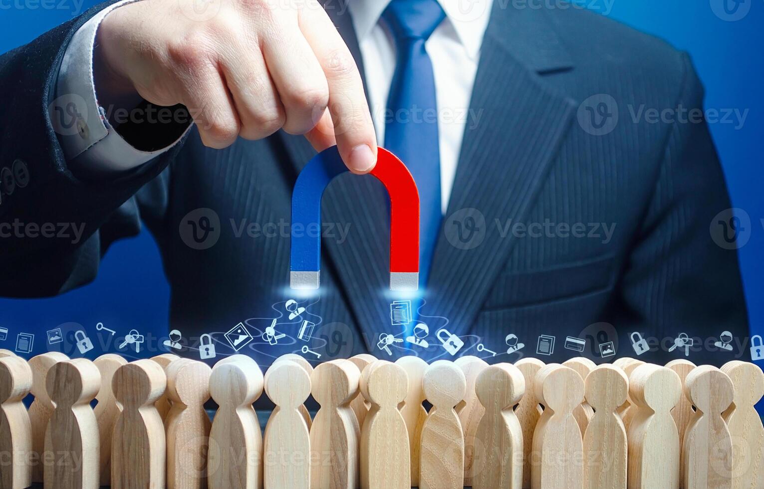 Man with a magnet collects personal data from crowd people online users. Collection of sensitive corporate information, monitoring web traffic. Spying on citizens. Data re-identification, deanonymize photo