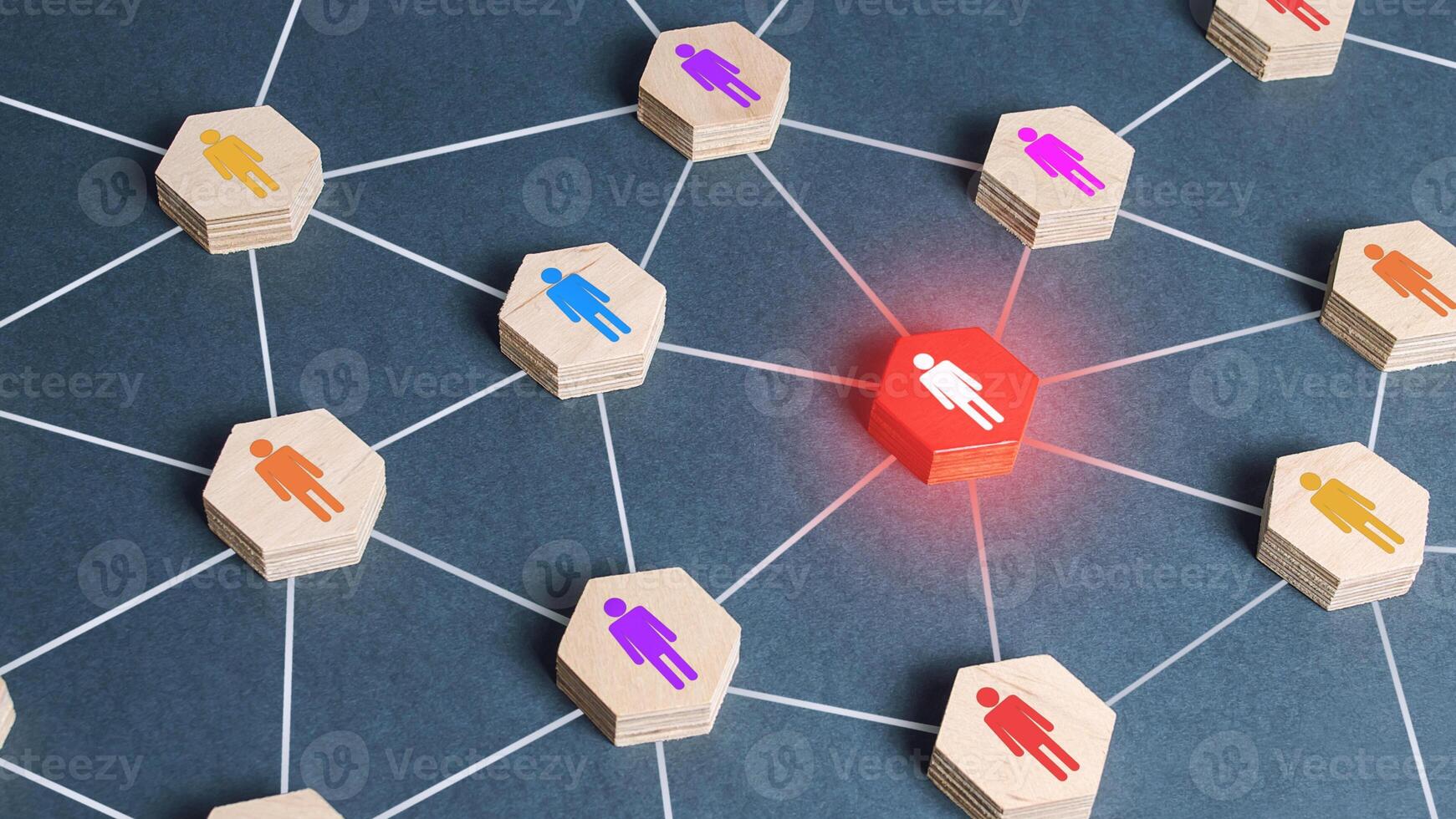 Red human figure in a network. Cooperation, collaboration. Spy. Employee replacement. Weak link, toxic worker. Security threat. Leader and leadership skills. Teamwork of a talented professional worker photo