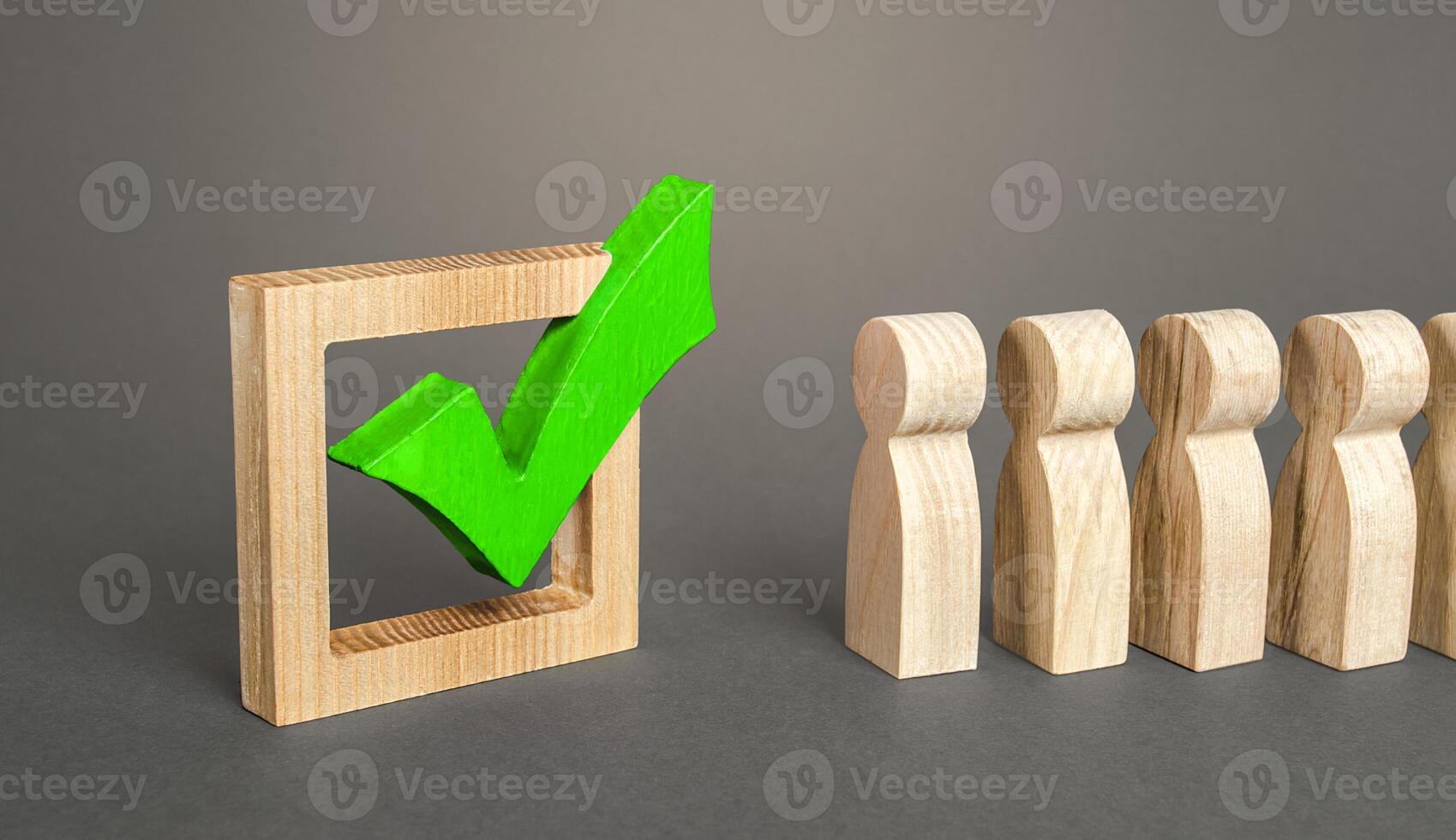 Queue line of people and green voting tick check mark. Perform a civic duty, voting on democratic election or referendum. Public poll. Legislative Initiative. Political campaign. Change of power photo